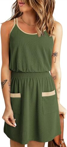 Dokotoo Womens 2025 Casual Dress Scoop Neck Sleeveless Smocked Empire Waist A-Line Mini Dress with Pockets in Saudi Arabia