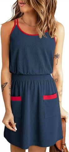 Dokotoo Womens 2025 Casual Dress Scoop Neck Sleeveless Smocked Empire Waist A-Line Mini Dress with Pockets in Saudi Arabia
