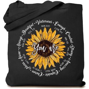 TSIIUO You Are Christian Bible Verse Sayings Canvas Tote Bag Women Sunflower Inspiration Blessing Reusable Shopping Bag