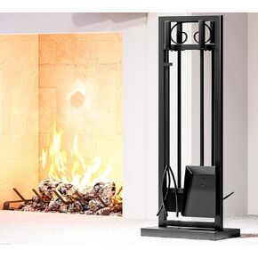 Kingson 5 Pcs Fireplace Tools Set Wrought Iron with Heavy Duty Decorative Stand-Black