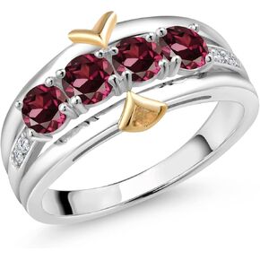 Gem Stone King 4-Stone Gemstone Birthstone and Lab Grown Diamond Wedding Band Ring For Women | 925 Silver and 10K Yellow Gold | Available In Size 5, 6, 7, 8, 9