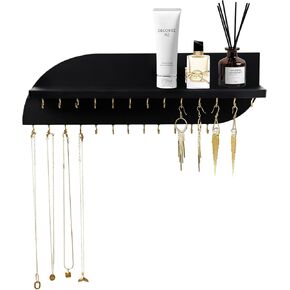 Hanging Jewelry Organizer with 25 Hooks and Cosmetics Shelf, Modern Wood Wall Mounted Jewelry Holder for Necklaces, Bracelets, Earrings and Rings, Black