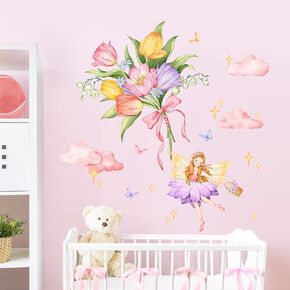 Pink Fairy Girl Holding Balloon Wall Decals Rainbow Clouds Wall Stickers Pink Wall Decor for Girls Bedroom Kids Toddlers Nursery Room