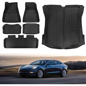 Geloo Floor Mats for Tesla Model 3 Floor Mats 2021-2023 All-Weather TPE Cargo Liner Floor Mats and Cargo Trunk Mat Accessories, Set of 6 Mats (Not Fit 7-Seat)