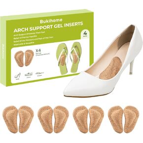 Arch Support Shoe Inserts & Insoles - Bukihome Gel Arch Inserts for Flat Feet, Plantar Fasciitis - Adhesive Arch Pad for Foot Pain Relief - All Day Comfort - 0.47 Inch - 4 Pairs (Cork)