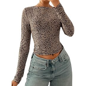MakeMeChic Women's Leopard Open Back Tee Shirts Cheetah Print Long Sleeve Crop Tops