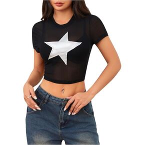 Milumia Women Y2k Star Sheer Mesh Crop Tee Tops Short Sleeve Crew Neck T Shirts
