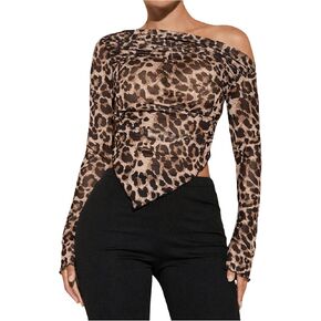 Floerns Women's Cheetah Leopard Print Asymmetrical Neck Tee Shirts Hanky Hem Ruched Tee Top