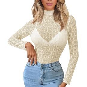 Lace Long Sleeve Tops for Women Mock Neck Mesh Top See Through Tops Fitted Layering Top