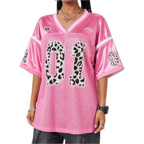 Verdusa Women's Jersey Shirt Oversized Tshirts Leopard Print V Neck Half Sleeve Tee Tops