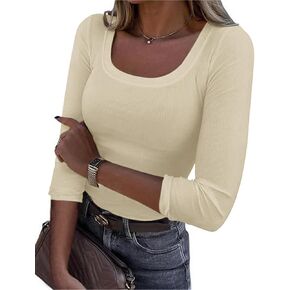 Womens 3/4 Sleeve Scoop Neck Ribbed Knit Fitted Casual Tops Tee Slim Basic Shirts