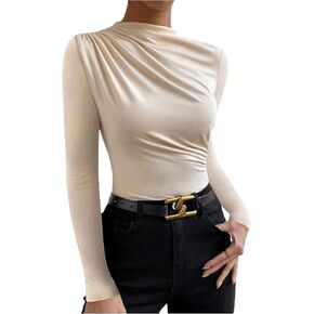 SweatyRocks Women's Ruched Long Sleeve Shirts Mock Neck Fitted T Shirts Basic Tops