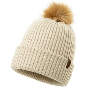 TOP-EX M/L/XL Women Winter Beanie Pom Hat Warm Wool Cashmere Knit Cap Double Layer Hat with Faux Fur Pompom
