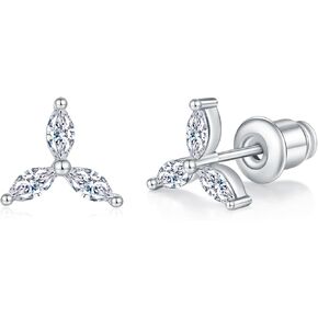 14K/18K Gold Plated Cubic Zirconia 3-Leaf Flower Cartilage Earring | Sterling Silver Posts Stud for Tragus, Conch, Helix Piercings | Perfect for Women & Teens | 7.6mm x 8.5 mm