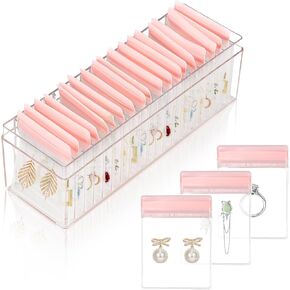 Acrylic Jewelry Box Organizer,Clear Jewelry Organizer with 20 PVC Portable Anti Tarnish Jewelry bags,Travel Case Organizers and Storage for Earrings/Ring/Necklace Women