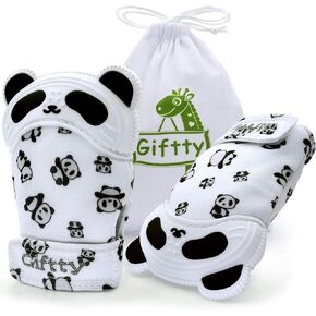 Baby Teething Mitten Chewing Glove Teether Mitt Infant Toy Panda Teething Glove Baby Chew Mitt with Finger Toothbrush BPA-Free for Baby Boys Girls - 1 Pair + 1 Toothbrush in Kuwait