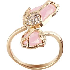 Light Luxury Gold Pink Floral Type Open Ring, Adjustable Ring for Women