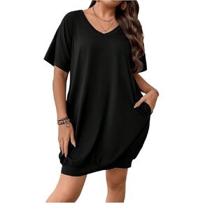 OYOANGLE Women's Plus Size V Neck Short Sleeve Straight Short Dress with Pocket Casual Tunic Dresses