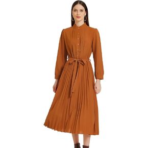 Allegra K Pleated Shirt Dress for Women's Long Sleeve Mock Neck A-Line Flowy Casual Midi Dress