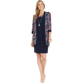 R&M Richards 2PC Floral Printed Jacket W/Solid Tank & Detachable Necklace