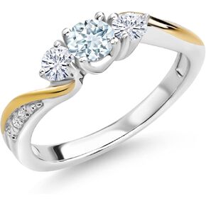 925 Silver and 10K Yellow Gold Sky Blue Aquamarine White Moissanite and White Lab Grown Diamond 3 Stone Engagement Ring For Women (0.48 Cttw, March Birthstone, Available In Size 5, 6, 7, 8, 9)