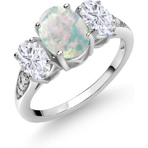 Gem Stone King 10K White Gold White Simulated Opal White Moissanite and White Lab Grown Diamond 3 Stone Engagement Ring For Women (2.04 Cttw, Gemstone Birthstone, Available In Size 5, 6, 7, 8, 9) in Kuwait