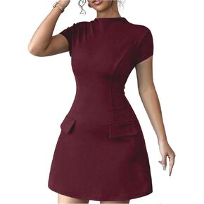 Women's Short Sleeve Mock Neck A Line Dress Zipper Slim Fit Formal Work Mini Dresses with Pocket