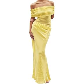 Women Sexy Off Shoulder Maxi Dress See Through Mesh Ruched Ruffles Paneled Bodycon Dress Y2K Party Summer Clubwear