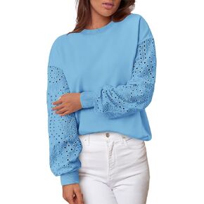 MASCOMODA Fall Fashion 2024 Blouses for Women Dressy Casual Lace Long Sleeve Tops Crewneck Eyelet Knit T Shirts Sweatshirt