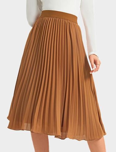 Women's Midi Skirt Elastic High Waist Pleated Skirt Knee Length Swing A-Line Casual Flowy Skirts 2024 in Saudi Arabia