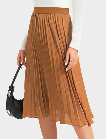 Women's Midi Skirt Elastic High Waist Pleated Skirt Knee Length Swing A-Line Casual Flowy Skirts 2024 in Saudi Arabia