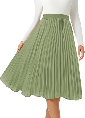 Women's Midi Skirt Elastic High Waist Pleated Skirt Knee Length Swing A-Line Casual Flowy Skirts 2024 in Saudi Arabia