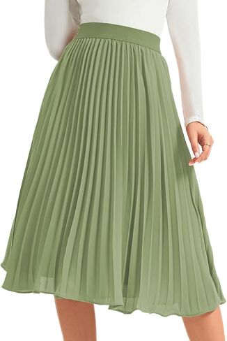 Women's Midi Skirt Elastic High Waist Pleated Skirt Knee Length Swing A-Line Casual Flowy Skirts 2024 in Saudi Arabia