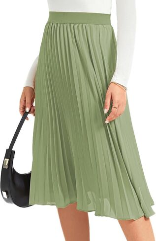 Women's Midi Skirt Elastic High Waist Pleated Skirt Knee Length Swing A-Line Casual Flowy Skirts 2024 in Saudi Arabia