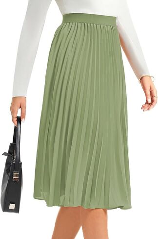 Women's Midi Skirt Elastic High Waist Pleated Skirt Knee Length Swing A-Line Casual Flowy Skirts 2024 in Saudi Arabia
