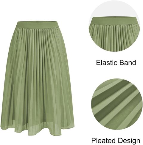 Women's Midi Skirt Elastic High Waist Pleated Skirt Knee Length Swing A-Line Casual Flowy Skirts 2024 in Saudi Arabia