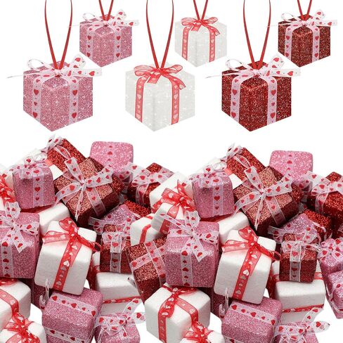Woanger 30 Pcs Mini Valentine's Day Present Boxes Red Pink White Glitter Fabric Box Ornament Miniature Hanging Ornament Heart Pendant Tiny Boxes Decorations for Home Decor Supplies in Saudi Arabia