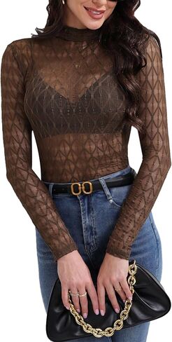 Lace Long Sleeve Tops for Women Mock Neck Mesh Top See Through Tops Fitted Layering Top in Saudi Arabia