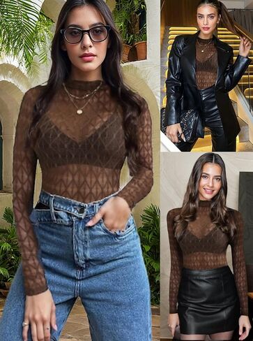 Lace Long Sleeve Tops for Women Mock Neck Mesh Top See Through Tops Fitted Layering Top in Saudi Arabia