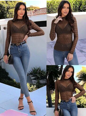 Lace Long Sleeve Tops for Women Mock Neck Mesh Top See Through Tops Fitted Layering Top in Saudi Arabia