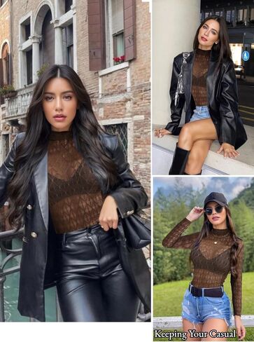 Lace Long Sleeve Tops for Women Mock Neck Mesh Top See Through Tops Fitted Layering Top in Saudi Arabia
