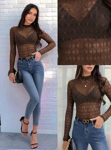 Lace Long Sleeve Tops for Women Mock Neck Mesh Top See Through Tops Fitted Layering Top in Saudi Arabia