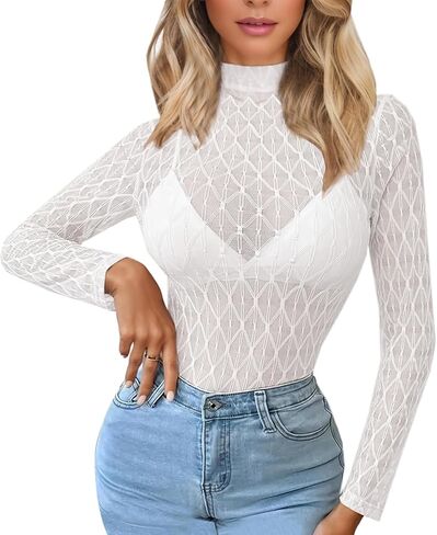 Lace Long Sleeve Tops for Women Mock Neck Mesh Top See Through Tops Fitted Layering Top in Saudi Arabia