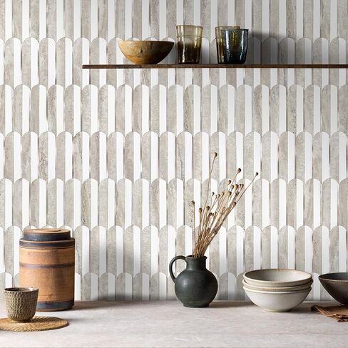 Vamos Peel and Stick Backsplash Seamless Tile for Kitchen and Bathroom,White and Beige Slate PVC Mixed Light Gold Self Adhesive Fish Scale Metal Mosaic Tiles (10 Sheets) in Kuwait