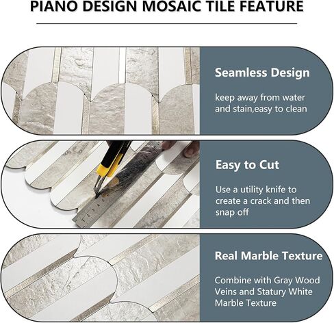 Vamos Peel and Stick Backsplash Seamless Tile for Kitchen and Bathroom,White and Beige Slate PVC Mixed Light Gold Self Adhesive Fish Scale Metal Mosaic Tiles (10 Sheets) in Kuwait