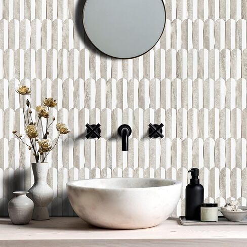 Vamos Peel and Stick Backsplash Seamless Tile for Kitchen and Bathroom,White and Beige Slate PVC Mixed Light Gold Self Adhesive Fish Scale Metal Mosaic Tiles (10 Sheets) in Kuwait