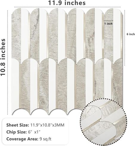 Vamos Peel and Stick Backsplash Seamless Tile for Kitchen and Bathroom,White and Beige Slate PVC Mixed Light Gold Self Adhesive Fish Scale Metal Mosaic Tiles (10 Sheets) in Kuwait