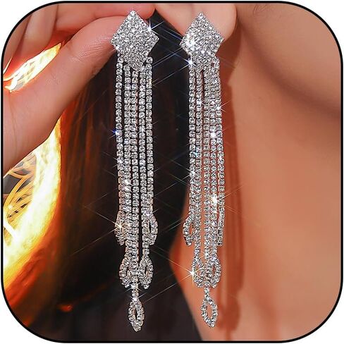 Rhinestone Drop Earrings for Women Sparkly Long Tassel Earrings Dangling Crystal Statement Prom Earrings Wedding Party Dress Outfit Jewerly Gifts in Kuwait