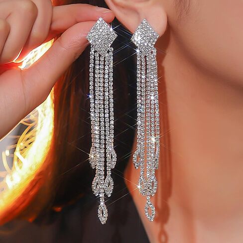 Rhinestone Drop Earrings for Women Sparkly Long Tassel Earrings Dangling Crystal Statement Prom Earrings Wedding Party Dress Outfit Jewerly Gifts in Kuwait
