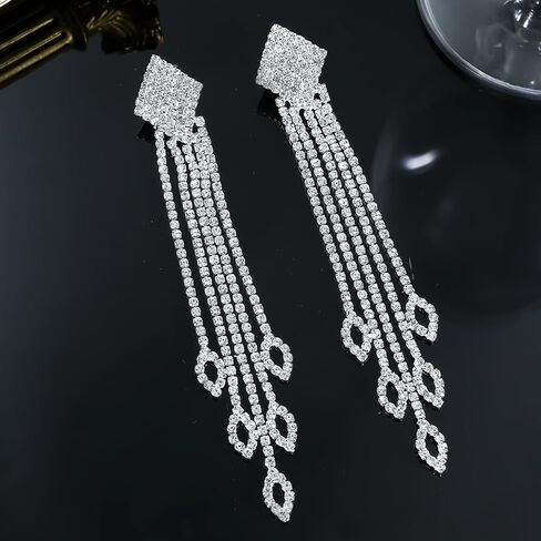Rhinestone Drop Earrings for Women Sparkly Long Tassel Earrings Dangling Crystal Statement Prom Earrings Wedding Party Dress Outfit Jewerly Gifts in Kuwait